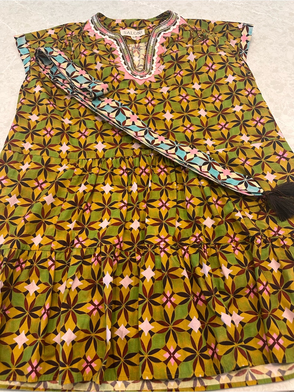 SALONI Ashley B Dress Green Kaleidoscope Geometric Print Embroidered Mini Dress
